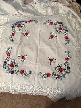 Embroidered Floral Square Tablecloth - White with Pink, Red & Purple Flowers
